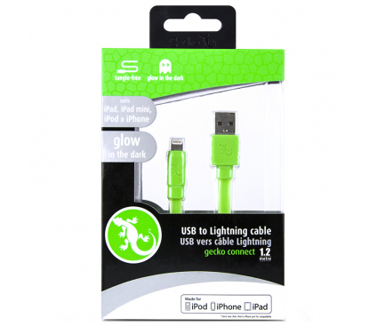 Cablu Date si Incarcare USB la Lightning Gecko Flat Glow, 1.2 m, Verde, Blister GG100131 