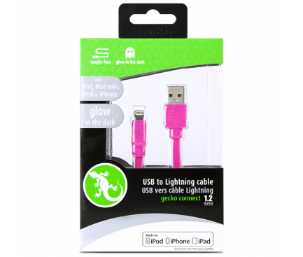 Cablu Date si Incarcare USB la Lightning Gecko Flat Glow, 1.2 m, Roz, Blister GG100132 
