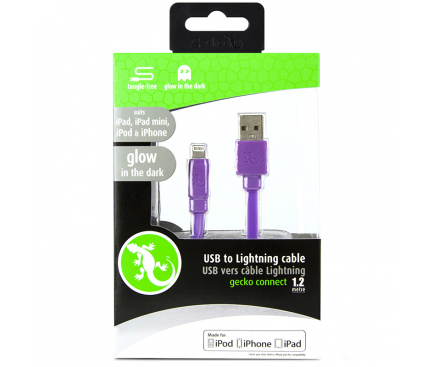 Cablu Date si Incarcare USB la Lightning Gecko Flat Glow, 1.2 m, Mov, Blister GG100133 