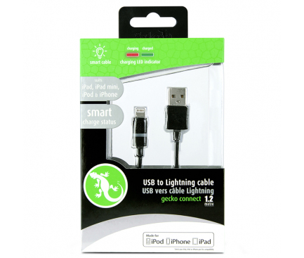 Cablu Date si Incarcare USB la Lightning Gecko Smart Led, 1.2 m, Negru, Blister GG100104 