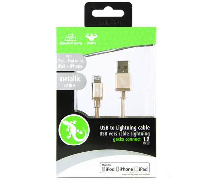 Cablu Date si Incarcare USB la Lightning Gecko Metallic, 1.2 m, Auriu, Blister GG100122 