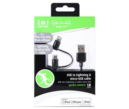 Cablu Date si Incarcare USB la Lightning - USB la MicroUSB Gecko, 1 m, Negru, Blister GG100094 