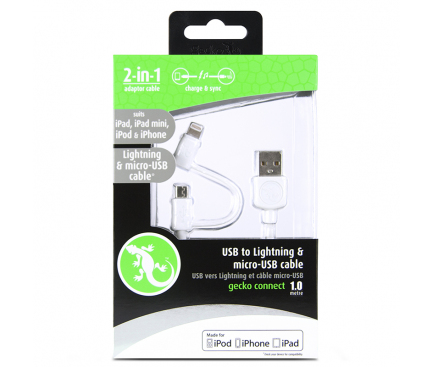 Cablu Date si Incarcare USB la Lightning - USB la MicroUSB Gecko, 1 m, Alb, Blister GG100153 