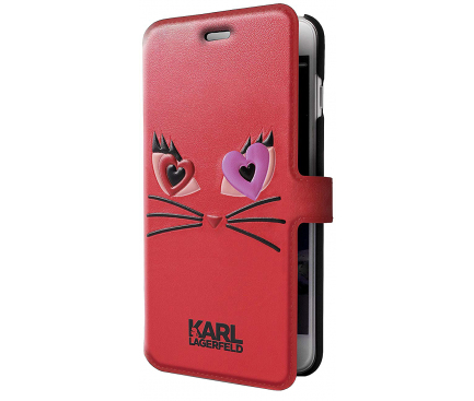 Husa Piele Karl Lagerfeld Choupette in love pentru Apple iPhone 7 / Apple iPhone 8, Rosie, Blister KLFLBKP7CL2RE 
