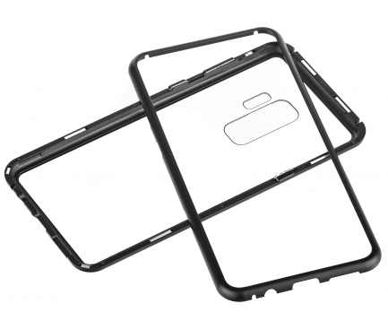 Husa Aluminiu OEM Magnetic Frame Hybrid cu spate din sticla pentru Samsung Galaxy S9+ G965, Neagra, Bulk 