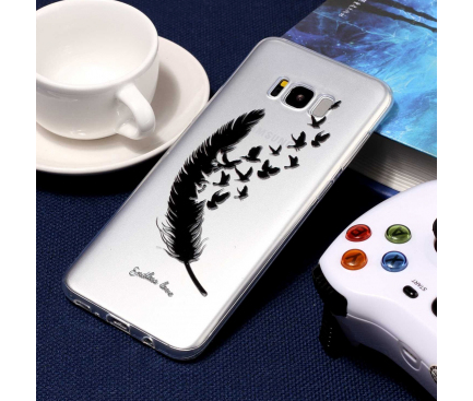 Husa TPU OEM Birds Feathers Samsung Galaxy S8+ G955, Neagra - Transparenta, Bulk 