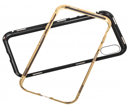 Husa Aluminiu OEM Magnetic Frame Hybrid cu spate din sticla pentru Apple iPhone X / Apple iPhone XS, Aurie - Neagra, Bulk 