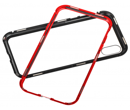 Husa Aluminiu OEM Magnetic Frame Hybrid cu spate din sticla pentru Apple iPhone X / Apple iPhone XS, Neagra - Rosie, Bulk