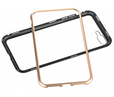 Husa Aluminiu OEM Magnetic Frame cu spate din sticla pentru Apple iPhone 7 Plus / Apple iPhone 8 Plus, Aurie - Neagra, Bulk