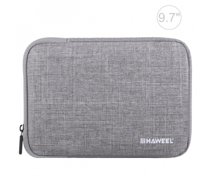 Husa Textil Haweel pentru Tableta 9.7 inci, Dimensiuni interioare 260 x 190 mm, Waterproof, Gri, Bulk 