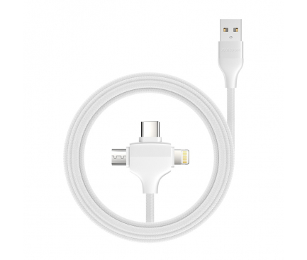 Cablu Date si Incarcare USB la Lightning - USB la MicroUSB - USB la USB Type-C Joyroom Woven, 1.2 m, Alb, Blister 