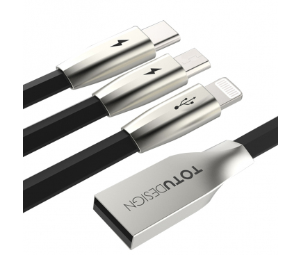 Cablu Date si Incarcare USB la Lightning - USB la MicroUSB - USB la USB Type-C Totu Design Rhombus, 1.5 m, Negru, Blister 