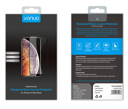 Folie Protectie Ecran Vonuo pentru Apple iPhone XS Max, Sticla securizata, Full Face, Full Glue, Neagra, Blister VO-090501023 