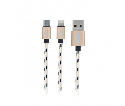 Cablu Date si Incarcare USB la Lightning - USB la MicroUSB XO Design NB10 2.4A, 1.2 m, Auriu, Blister 