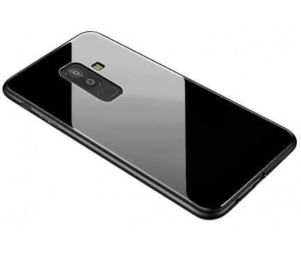Husa TPU OEM cu spate din sticla pentru Samsung Galaxy A6+ (2018) A605, Neagra, Bulk 