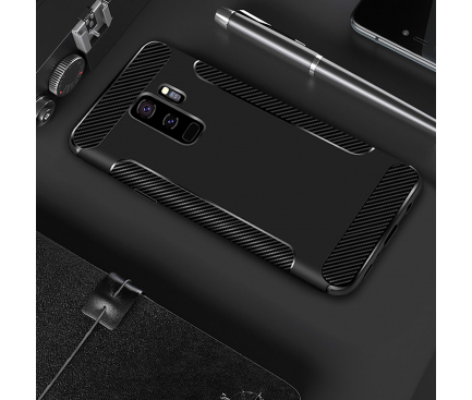 Husa TPU OEM Carbon Anti-slip pentru Samsung Galaxy S9 G960, Neagra, Bulk 