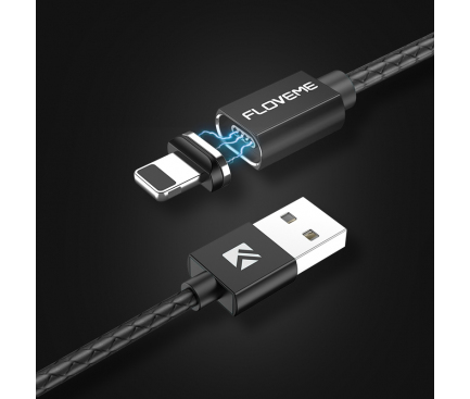 Cablu Date si Incarcare USB la Lightning Floveme Magnetic, 3A, 1 m, Negru, Blister 