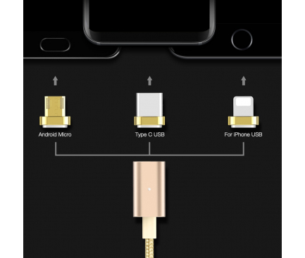 Cablu Date si Incarcare USB la Lightning - USB la MicroUSB - USB la USB Type-C Floveme 3 in 1, 2.4A, 1 m, Auriu, Blister 