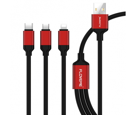 Cablu Date si Incarcare USB la Lightning - USB la MicroUSB - USB la USB Type-C Floveme 3 in 1, 2.1A, 1 m, Negru, Blister 