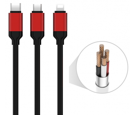 Cablu Date si Incarcare USB la Lightning - USB la MicroUSB - USB la USB Type-C Floveme 3 in 1, 2.1A, 1 m, Negru, Blister 