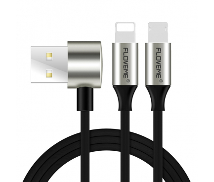 Cablu Date si Incarcare USB la Lightning - USB la MicroUSB Floveme L Type, 1 m, Negru, Blister 