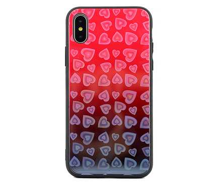Husa TPU OEM cu spate din sticla, Heart pentru Samsung J6 Plus (2018) J610, Neagra - Rosie, Bulk 