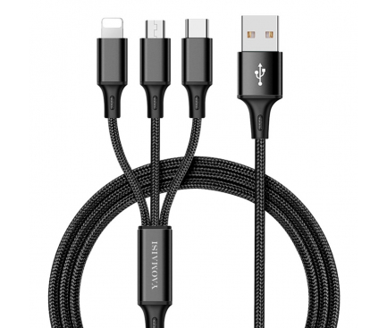 Cablu Incarcare USB la Lightning - USB la MicroUSB - USB la USB Type-C Yaomaisi Q14, 1.2 m, Negru, Blister 