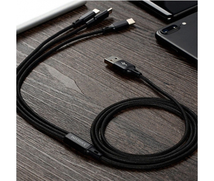 Cablu Incarcare USB la Lightning - USB la MicroUSB - USB la USB Type-C Yaomaisi Q14, 1.2 m, Negru, Blister 