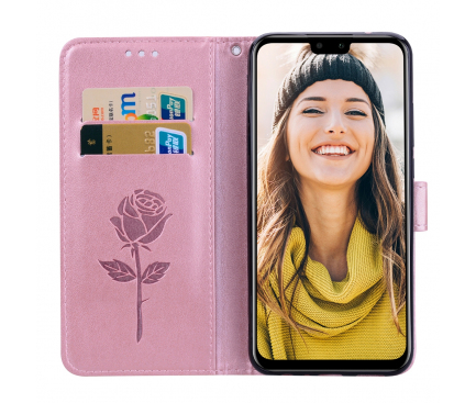 Husa Piele OEM Embossed Roses pentru Huawei Y9 (2019), Roz Aurie, Bulk 