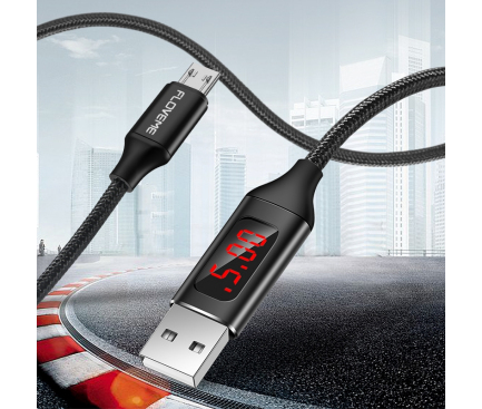 Cablu Date si Incarcare USB la MicroUSB Floveme Cu tester consum, 1 m, Negru, Blister 