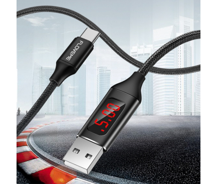 Cablu Date si Incarcare USB la USB Type-C Floveme Cu tester consum, 1 m, Negru