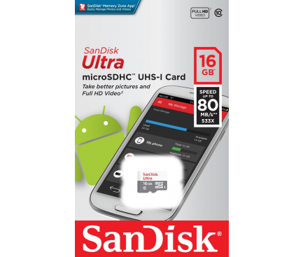 Card Memorie MicroSDHC SanDisk, 16Gb, Clasa 10 - UHS-1 U1 SDSQUNS-016G-GN3MN