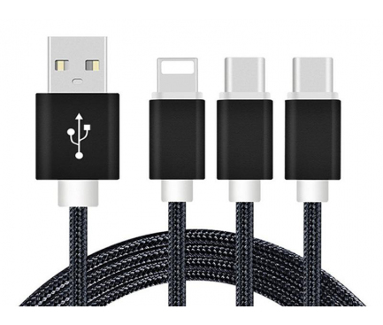 Cablu Date si Incarcare USB la Lightning - USB la 2xUSB Type-C Reekin Woven, 1.2 m, Negru, Blister 