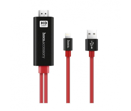 Cablu Audio si Video HDMI La Lightning - USB La HDMI HOCO UA4, 2 m, Negru - Rosu, Blister 