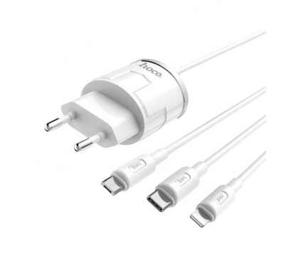Incarcator Retea cu cablu Lightning - MicroUSB - USB Tip-C HOCO C38A, 2 X USB, Alb, Blister 