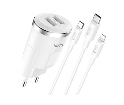 Incarcator Retea cu cablu Lightning - MicroUSB - USB Tip-C HOCO C38A, 2 X USB, Alb, Blister 