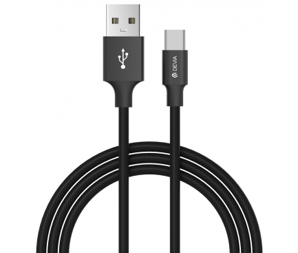 Cablu Date si Incarcare USB la USB Type-C DEVIA Pheez, 2 m, Negru, Blister 