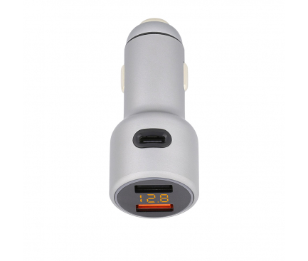 Incarcator Auto USB Tellur Fast charger CCY3 cu afisaj, 1 X USB Tip-C - 2 X USB, Argintiu TLL151161
