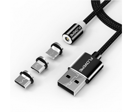Cablu Incarcare USB la Lightning - USB la MicroUSB - USB la USB Type-C Floveme, 1 m, Negru, Bulk 