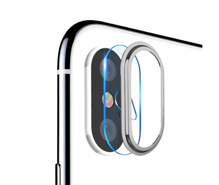 Folie Protectie Camera spate Totu Design pentru Apple iPhone X / Apple iPhone XS, Sticla securizata, Cu rama metalica, Argintie, Blister 