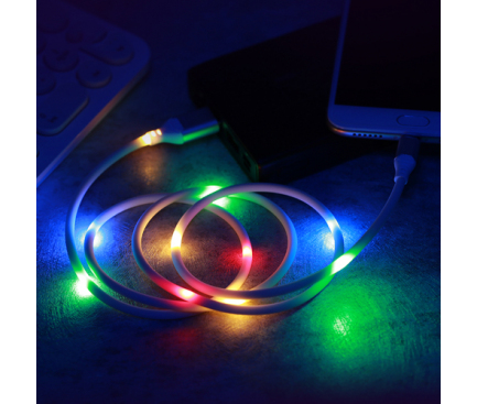 Cablu Date si Incarcare USB la Lightning Proda Leiyin PD-B14i, cu LED-uri Audio, 2.1A, 1 m, Alb, Blister 