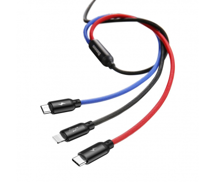 Cablu Date si Incarcare USB la Lightning - USB la MicroUSB - USB la USB Type-C Baseus Three Primary Colors 3.5A, 1.2 m, Negru CAMLT-BSY01