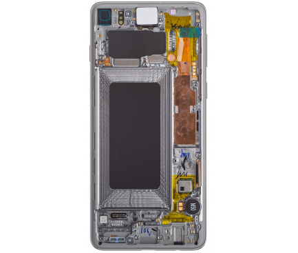 Display cu Touchscreen Samsung Galaxy S10 G973, cu Rama, Argintiu (Prism White), Service Pack GH82-18850B