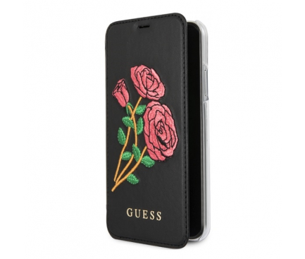 Husa Piele Guess Flower Desire pentru Apple iPhone X / Apple iPhone XS, Neagra, Blister GUFLBKPXEROBK 