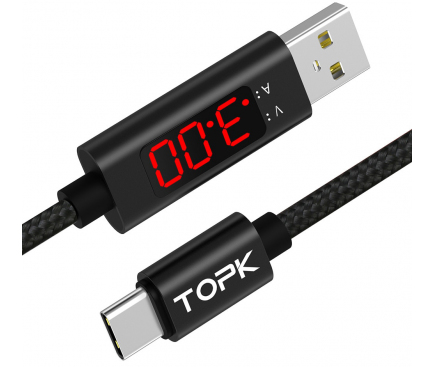 Cablu Date si Incarcare USB la USB Type-C TOPK Woven, cu afisaj LCD, 1 m, Negru, Blister 