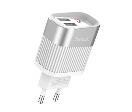 Incarcator Retea USB HOCO C40A cu afisaj LED, 2 X USB, Alb