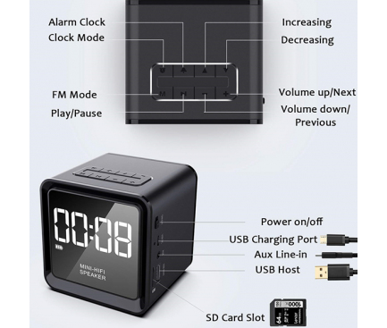 Difuzor Bluetooth OEM  P9, cu ceas si radio FM, Gri, Blister