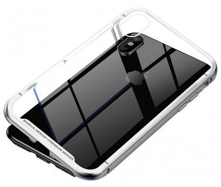 Husa Aluminiu Baseus Magnetic Frame Hybrid cu spate din sticla pentru Apple iPhone X / Apple iPhone XS, Argintie, Blister WIAPIPH58-CS0S 