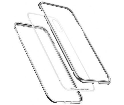 Husa Aluminiu Baseus Magnetic Frame Hybrid cu spate din sticla pentru Apple iPhone X / Apple iPhone XS, Argintie, Blister WIAPIPH58-CS0S 