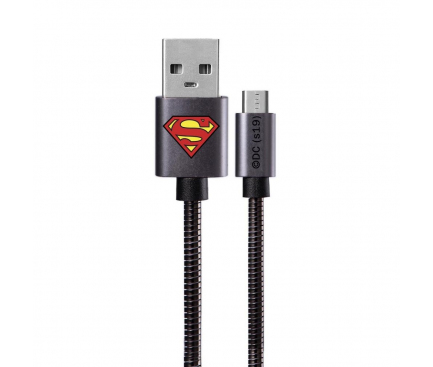 Cablu Date si Incarcare USB la MicroUSB DC Comics Metal Superman 002, 1 m, Negru, Blister 